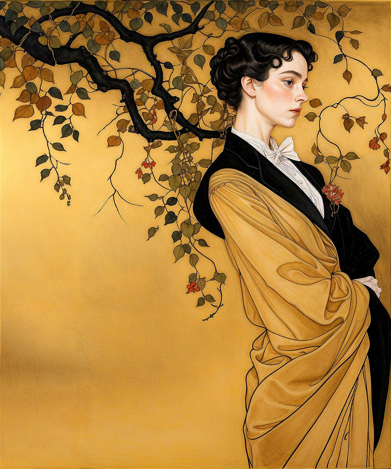 Elegant Woman in Yellow and Black Gown Against Gold