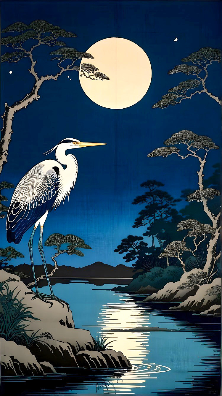 Heron by Riverbank Under Full Moonlight Scene