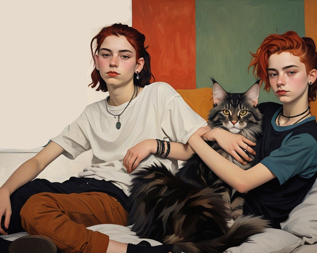 Young individuals with red hair and a Maine Coon cat