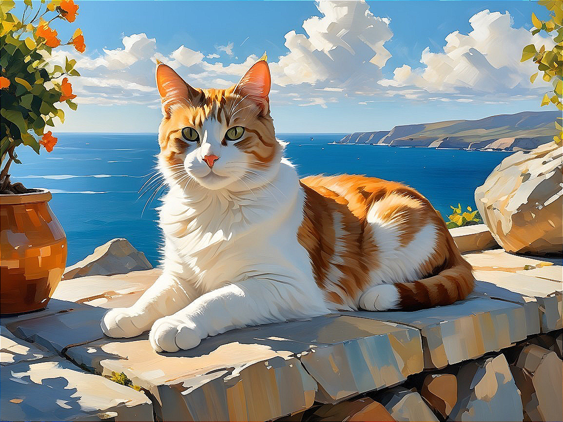 Fluffy Cat on Stone Wall by Vibrant Blue Sea