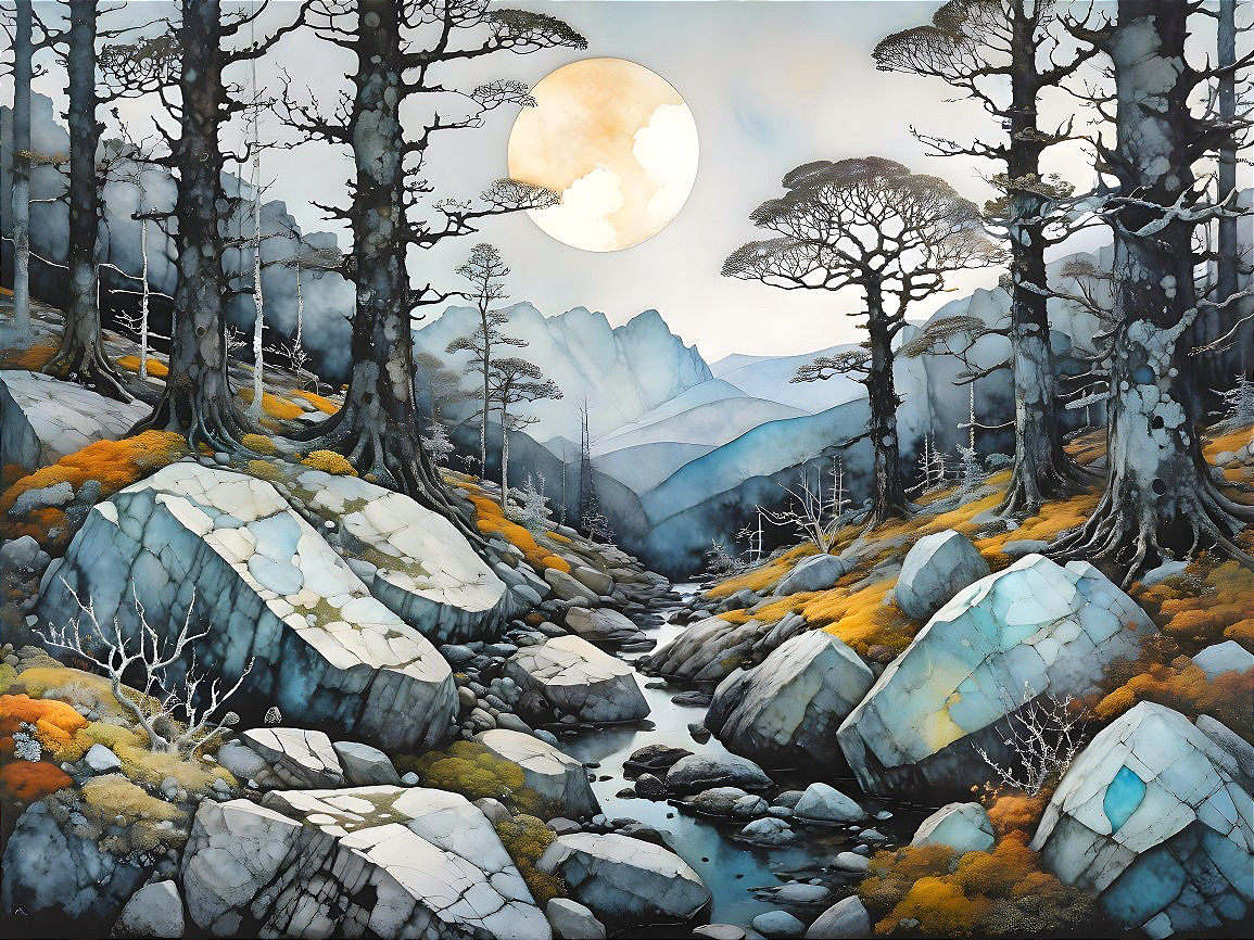 Serene Landscape with Moonlit Stream and Trees
