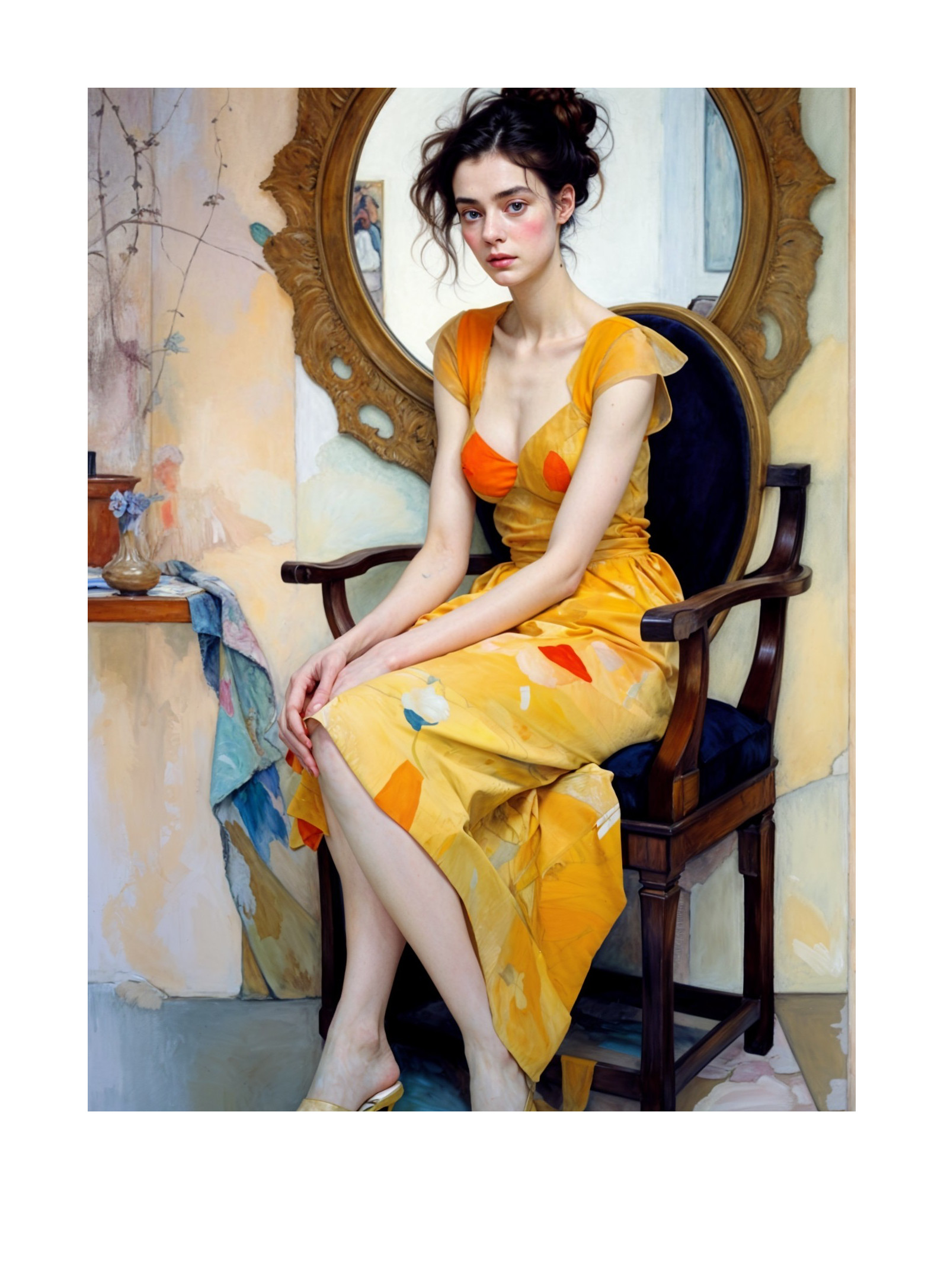 Young woman in yellow dress seated by a mirror