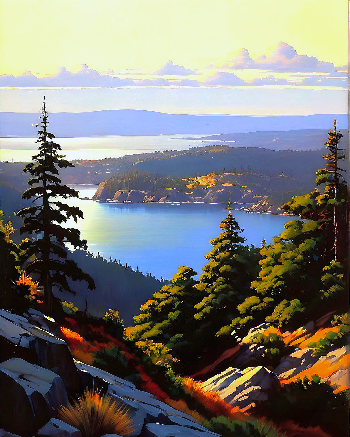 Picturesque Landscape with Lake and Rolling Hills