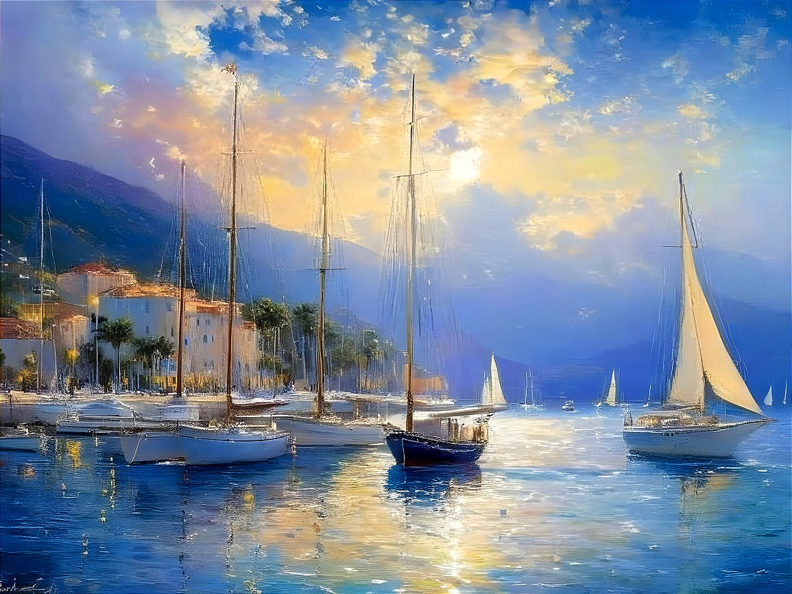 Serene Coastal Sunset with Sailboats and Mountains