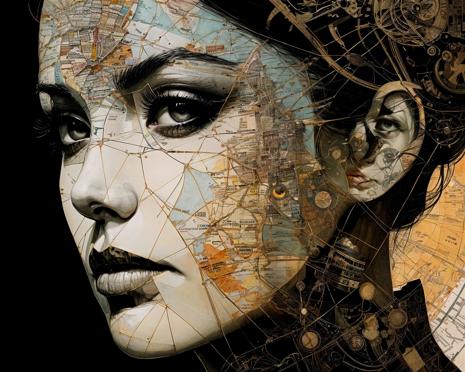 Portrait of a Woman Merged with Maps and Geometric Lines