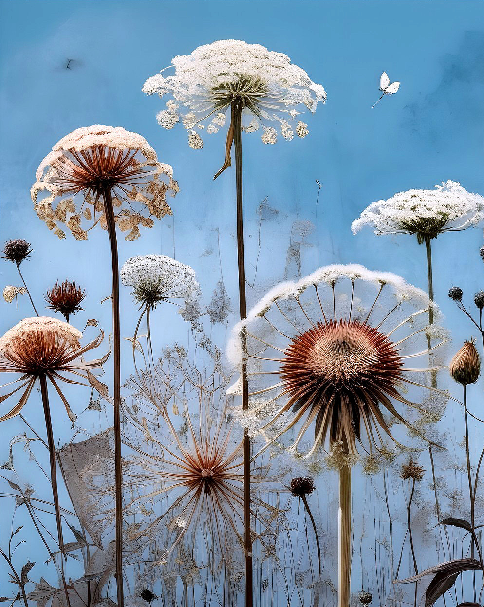 Whimsical Flower Arrangement with Butterfly on Blue Background