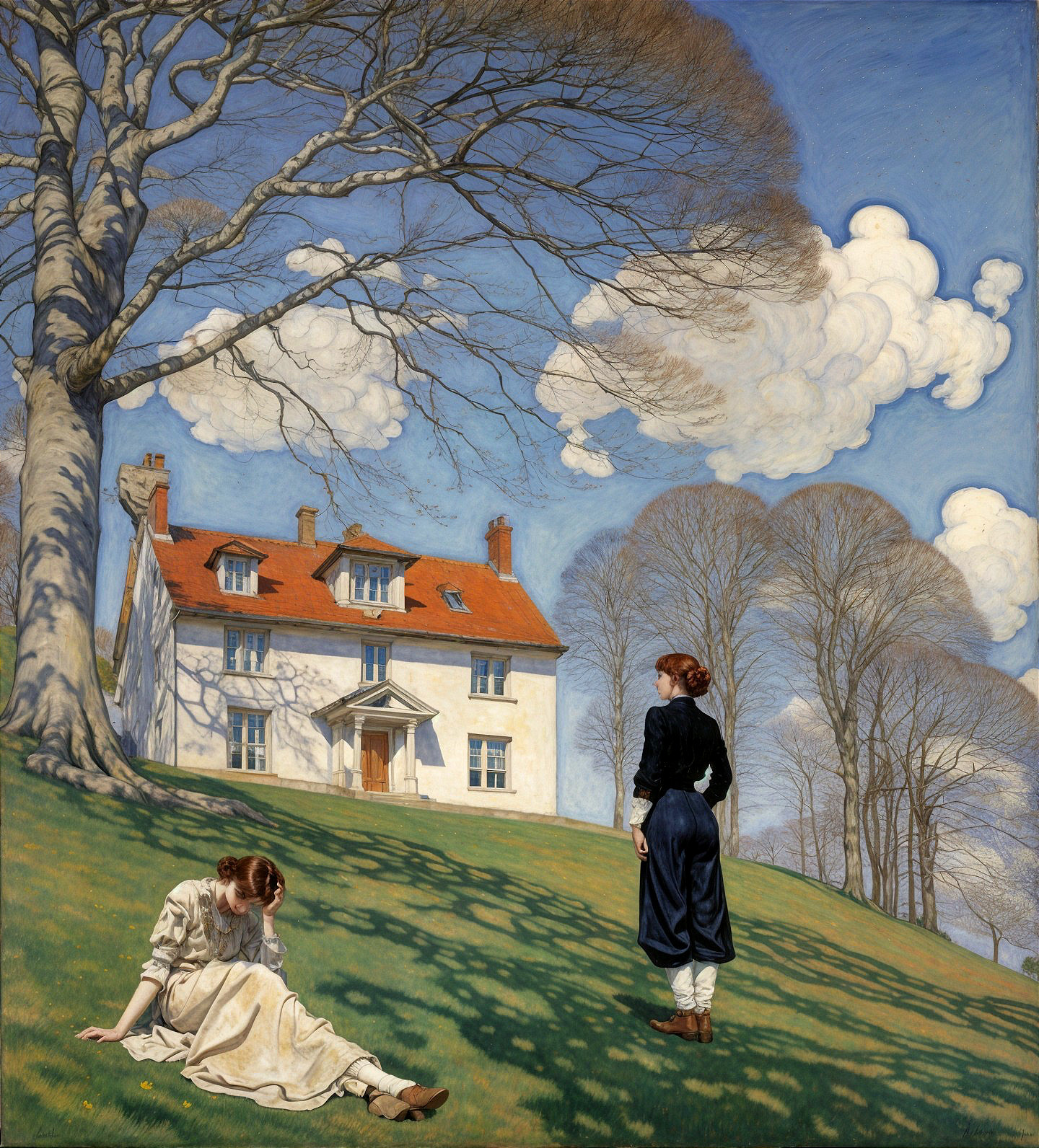 Two Women on a Hillside by a White House