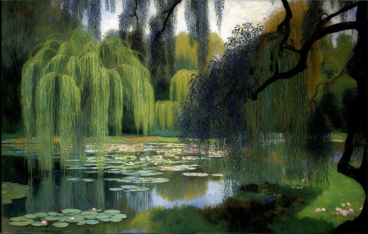 Lush Landscape with Tranquil Pond and Water Lilies