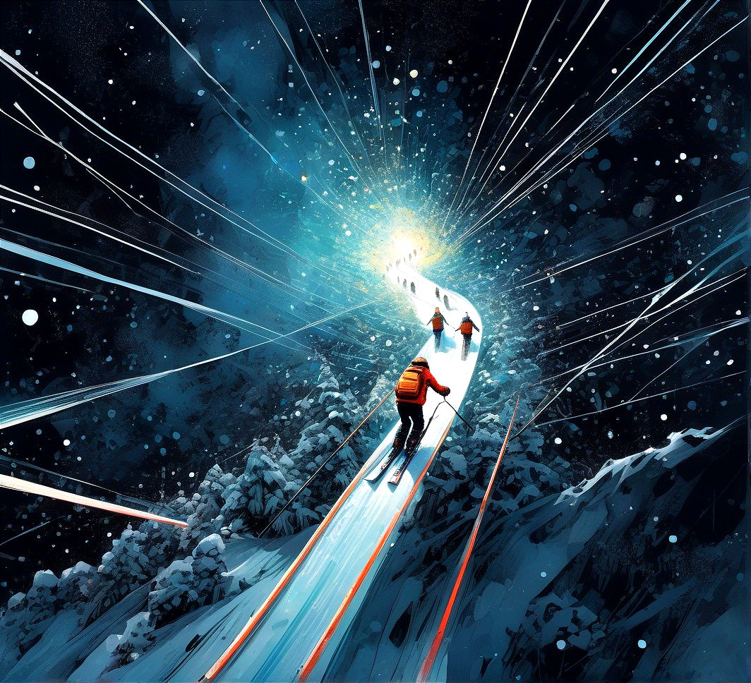 Dynamic Winter Skiing Scene with Snowflakes and Trees