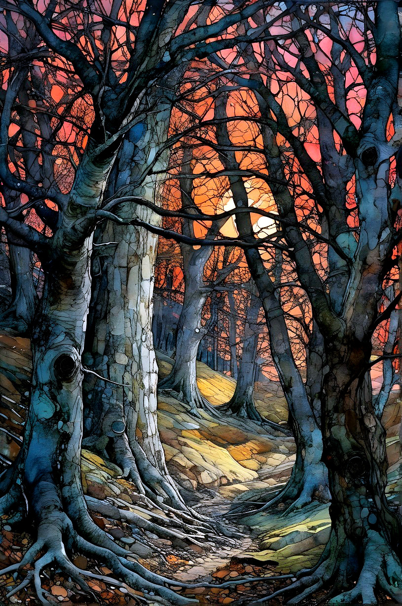 Vibrant Forest Scene at Dusk with Silhouetted Trees