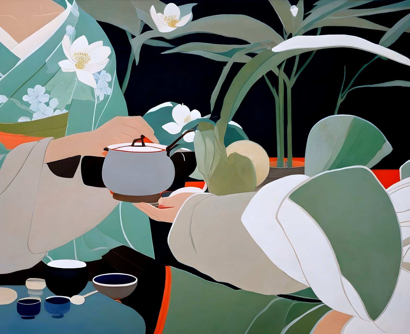 Serene Tea Ceremony with Green Kimono and Flowers