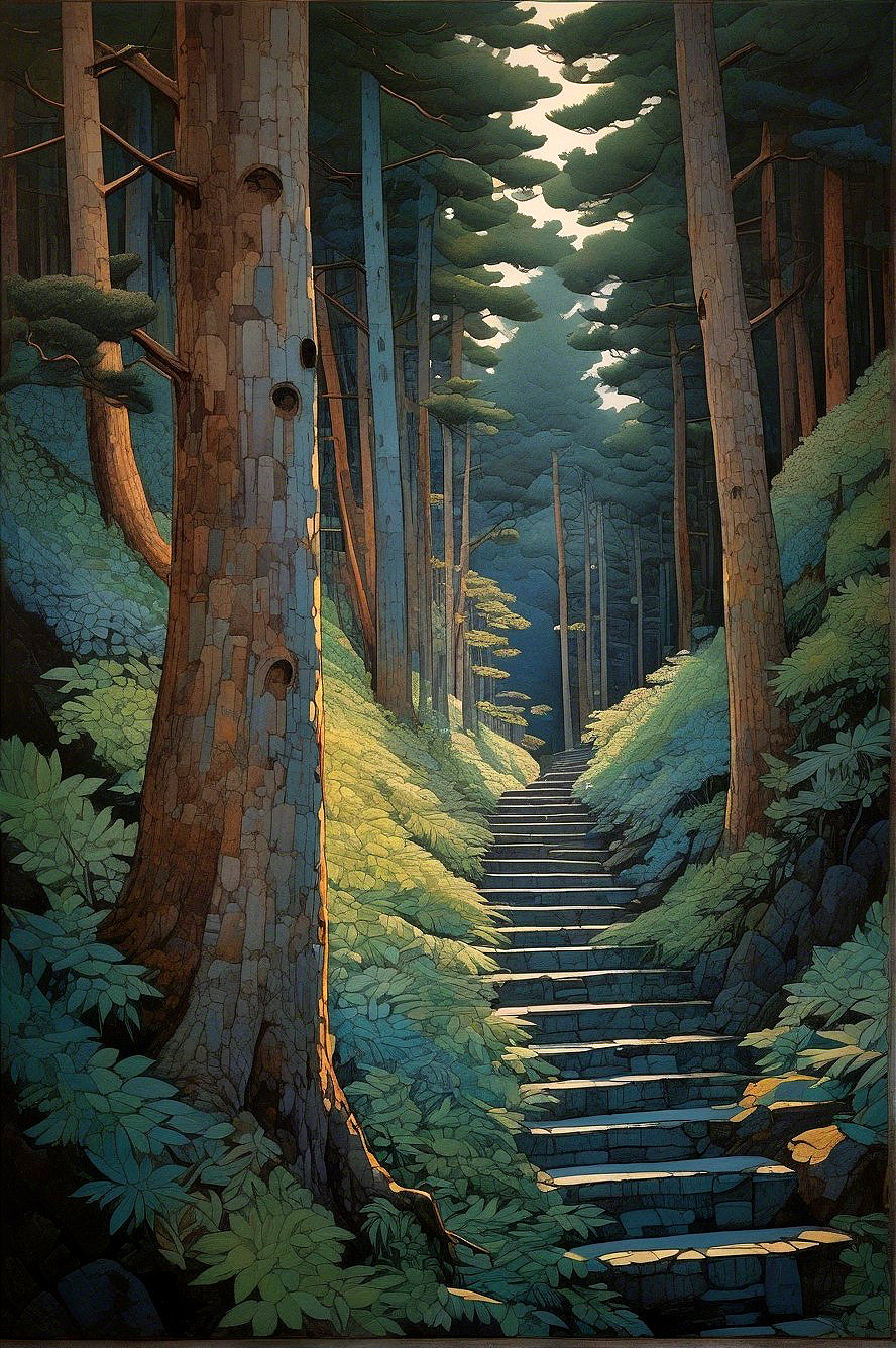 Serene Woodland Pathway with Stone Steps and Foliage