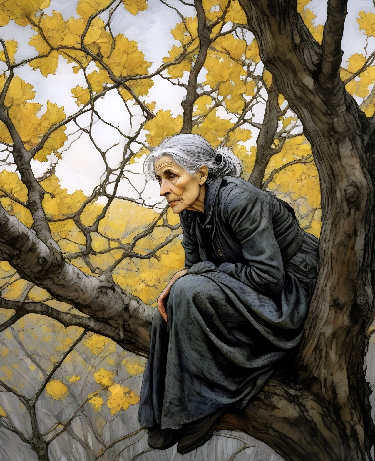 Elderly Woman on Tree Branch Amidst Yellow Leaves
