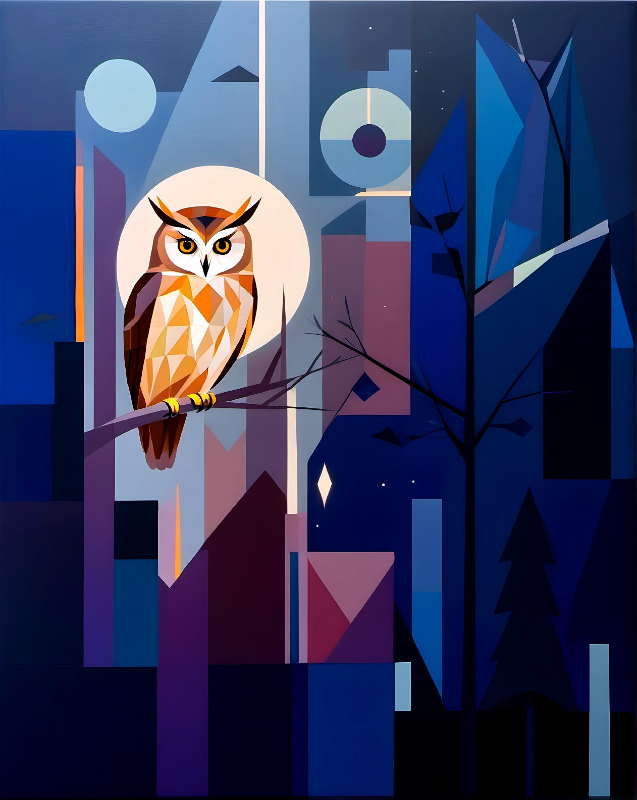 Geometric Owl Against Abstract Dark Blue Landscape