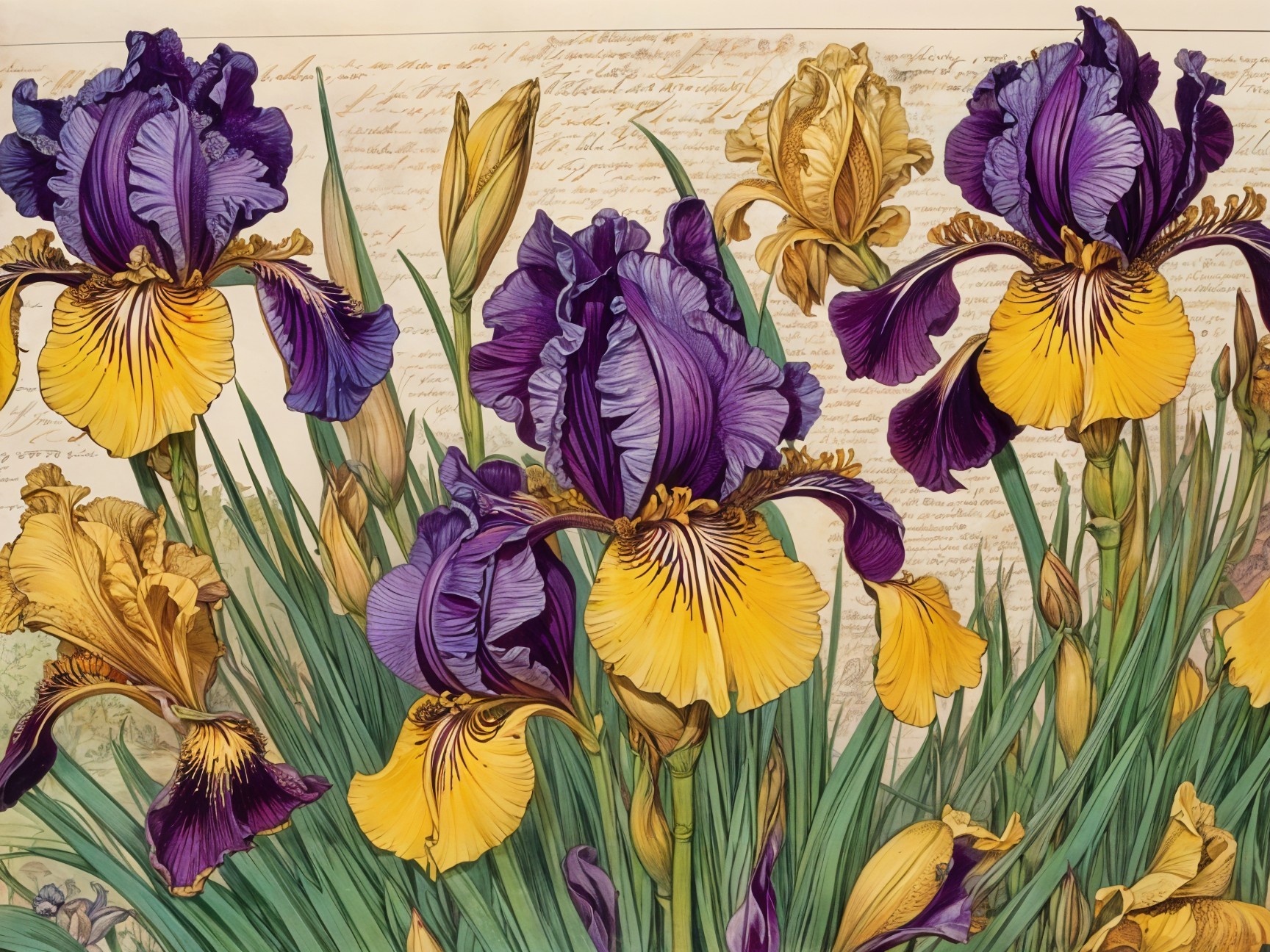 Vibrant Irises in Purple and Yellow on Handwritten Background