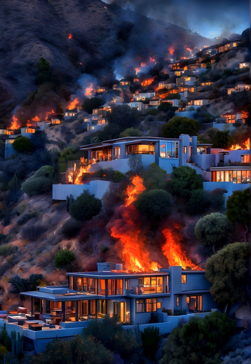 Hillside Homes Affected by Raging Wildfire at Twilight