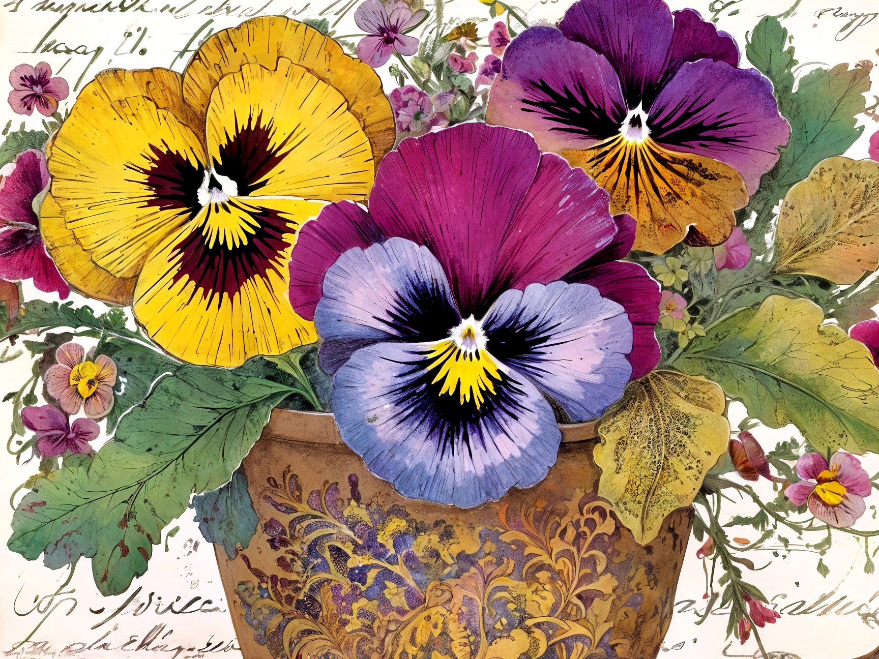 Vibrant Pansy Bouquet in Decorative Pot with Vintage Aesthetic