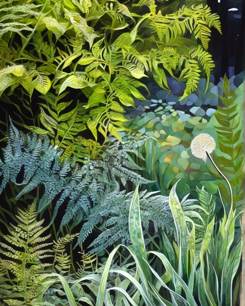 Green Plants and Ferns with White Flower on Mosaic Background
