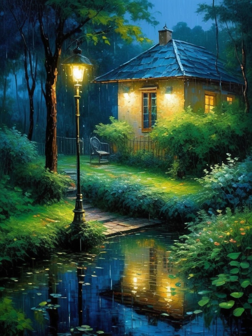 Cozy Cottage by Serene Pond on a Rainy Evening