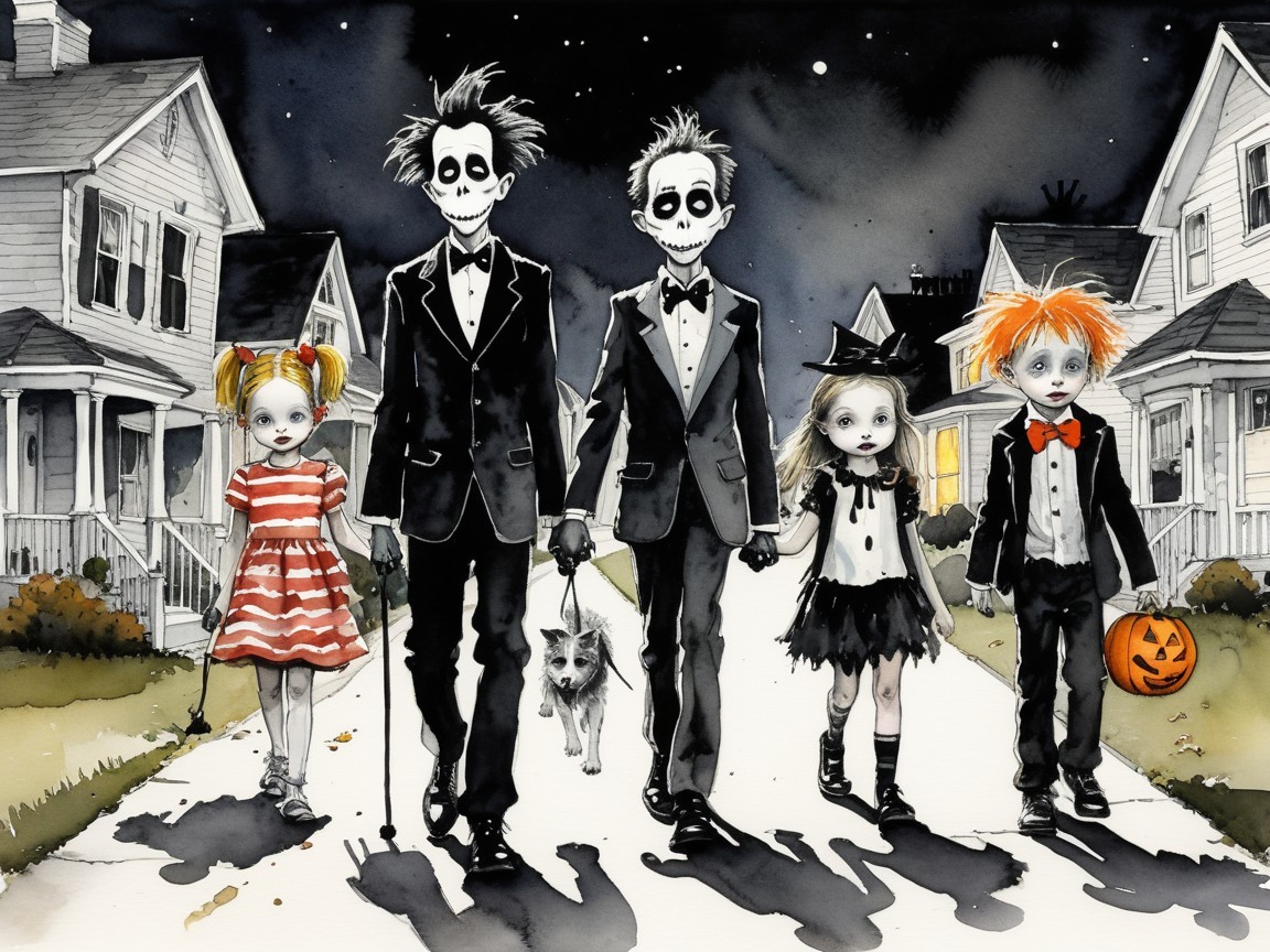 Halloween Characters Walking on a Dark Street