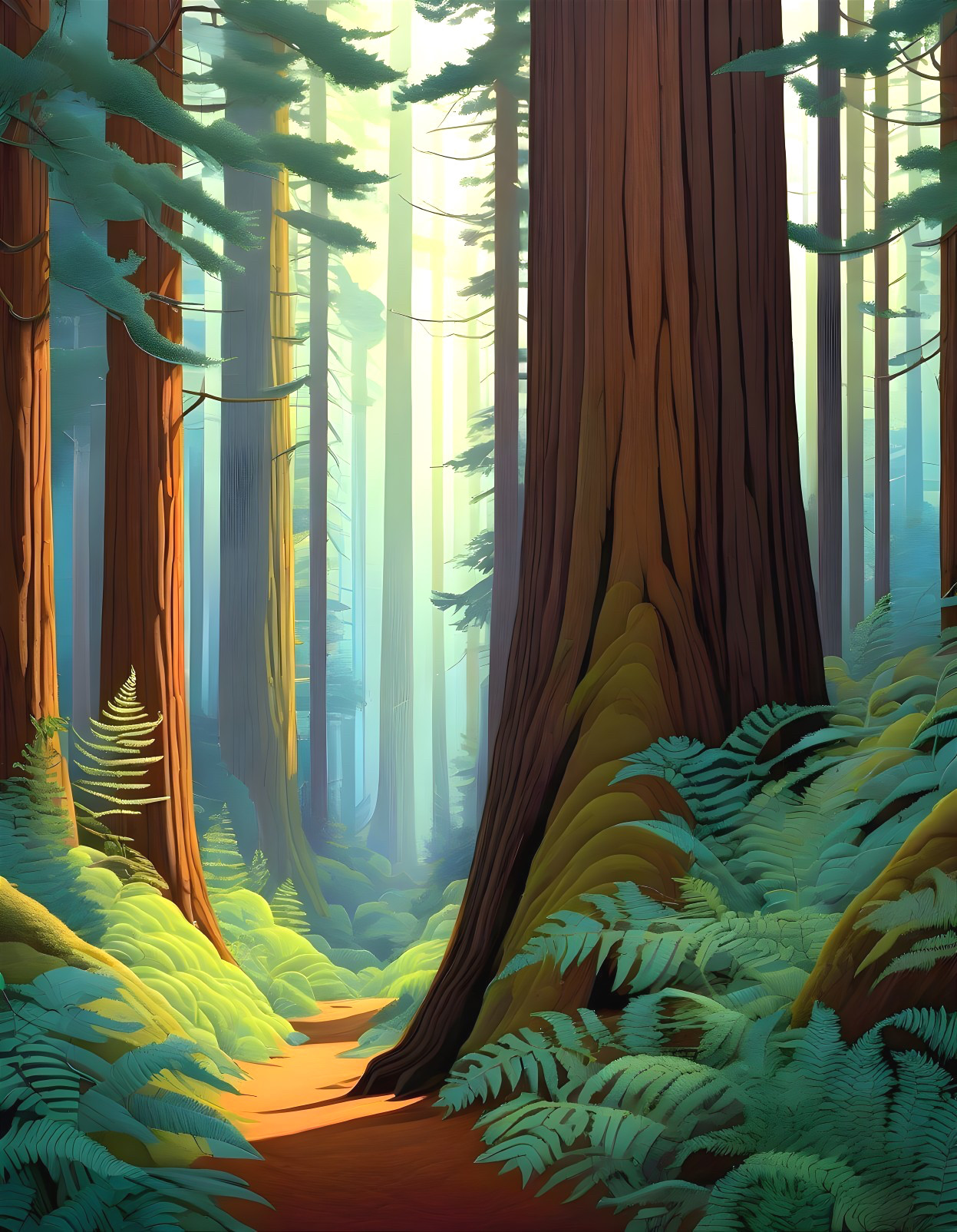 Serene Forest Scene with Towering Trees and Ferns