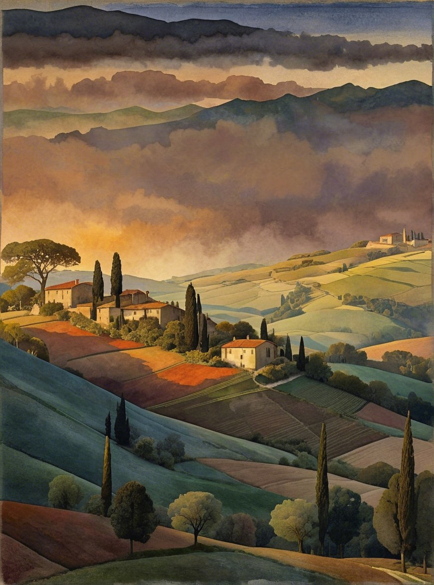 Serene Landscape with Rolling Hills and Charming Villas