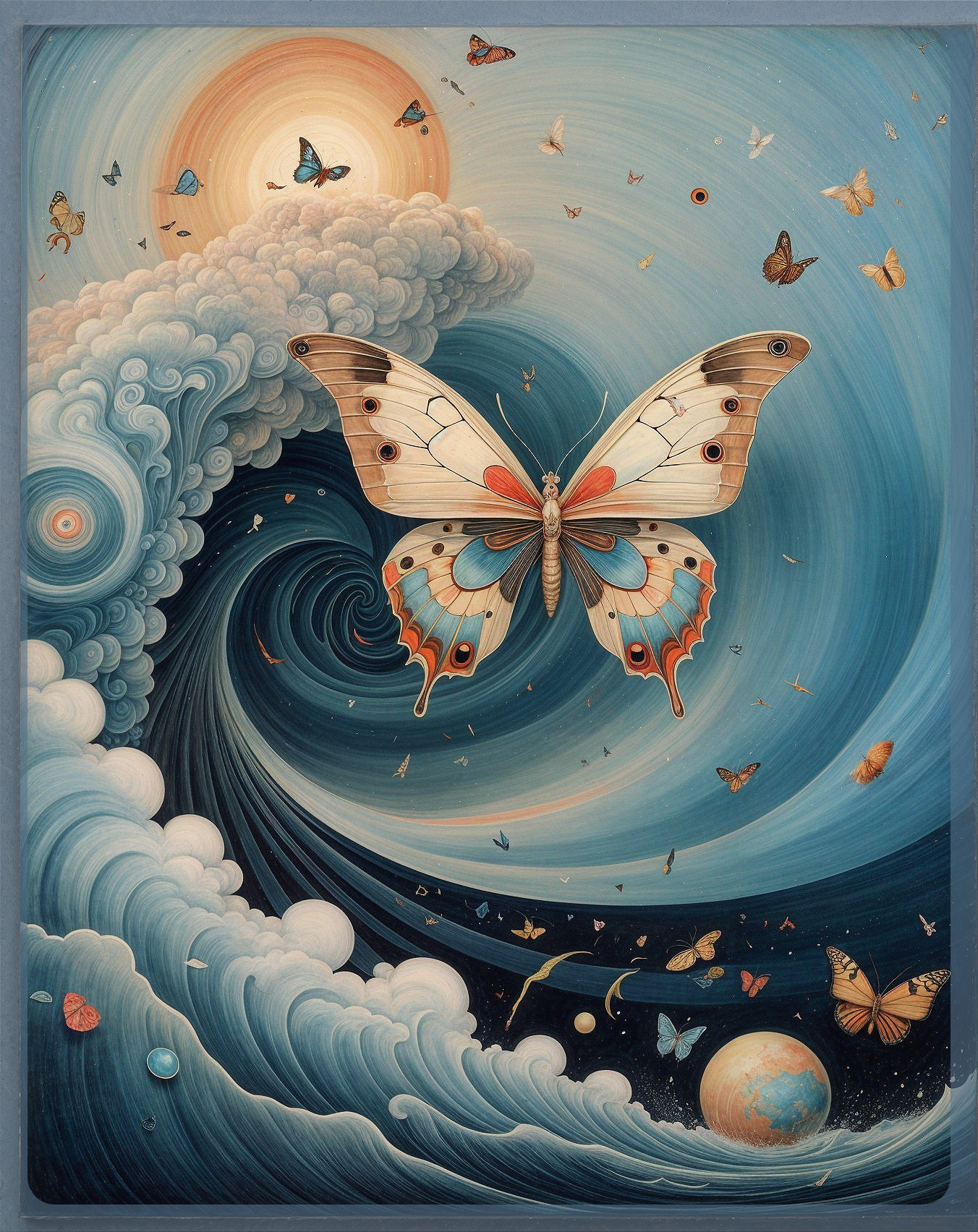 Surreal Painting of Butterflies and Cosmic Waves