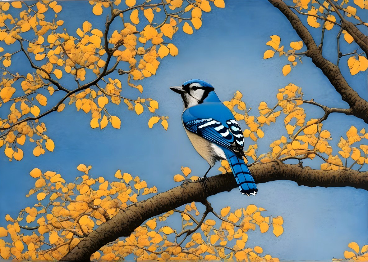 Blue Jay on Branch with Autumn Leaves and Sky