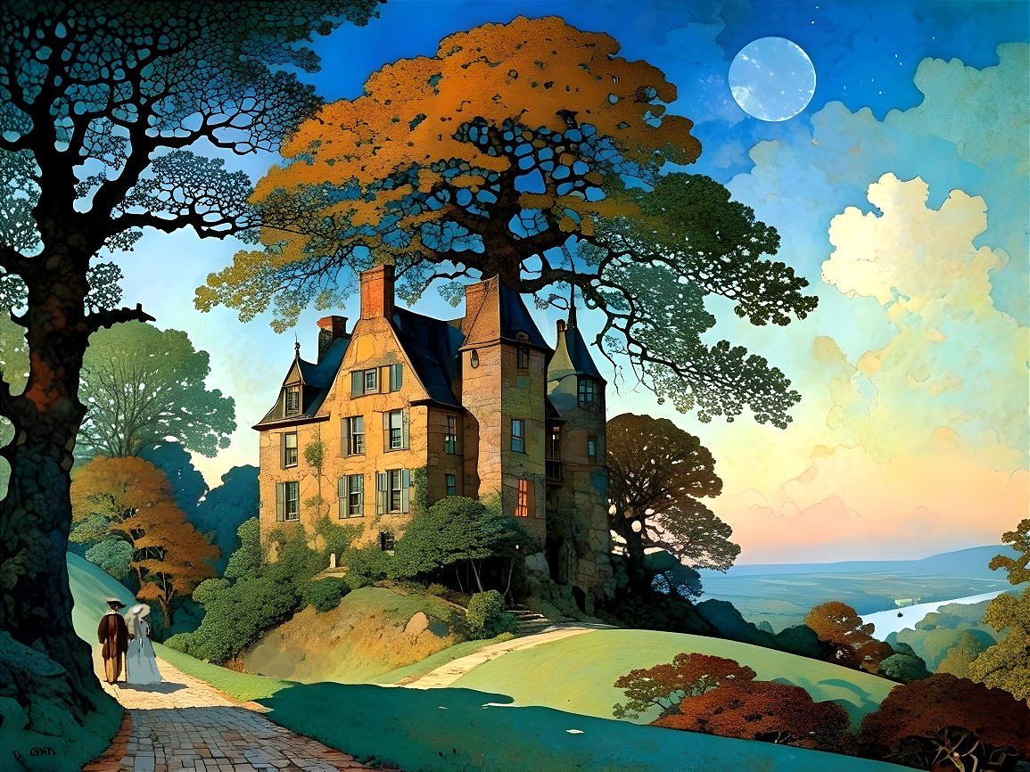 Whimsical Dreamlike Scene of a Grand House and Trees