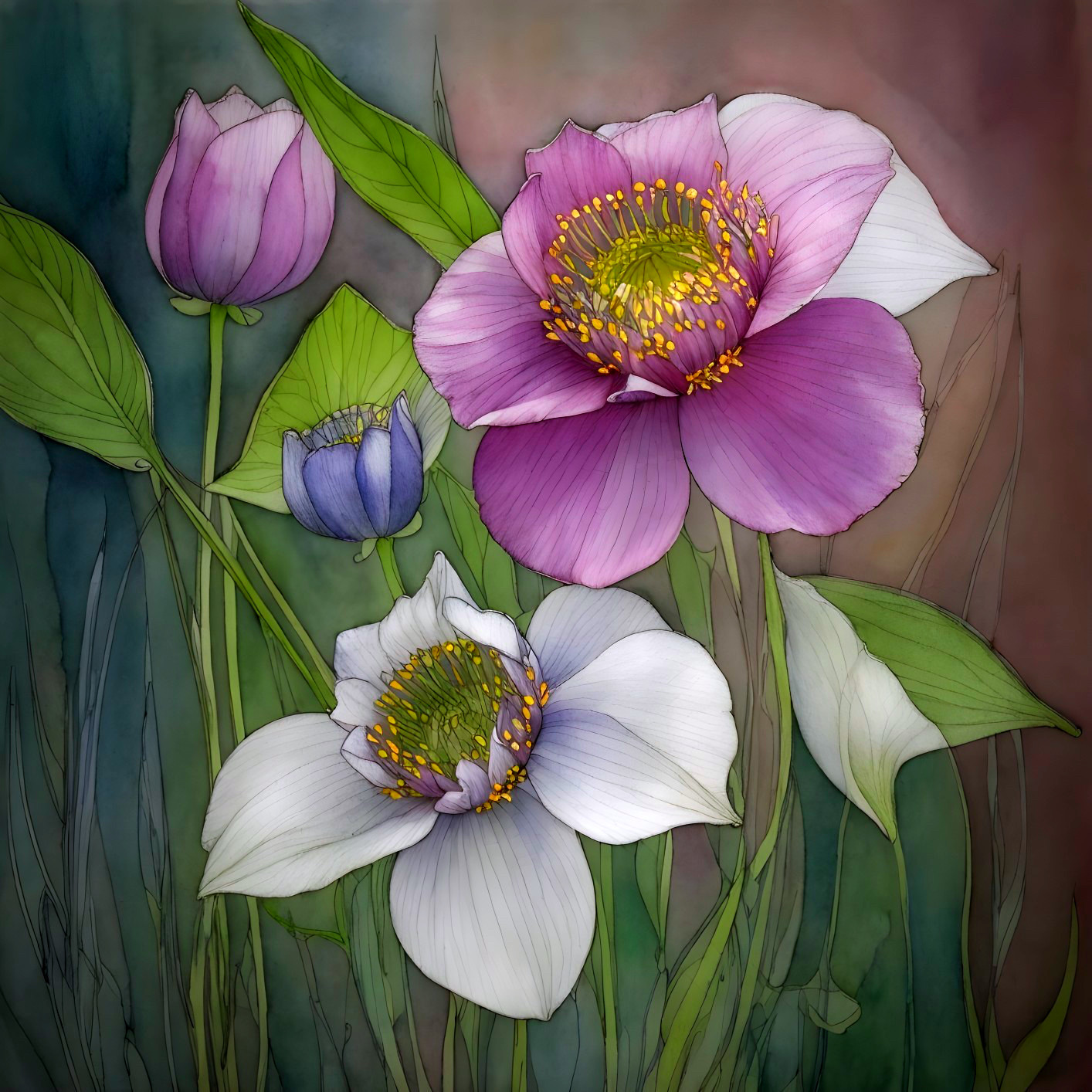 Vibrant Floral Artwork with Purple and White Flowers