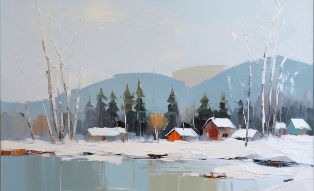 Serene Winter Landscape with Tranquil Lake and Cabins