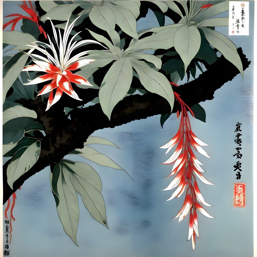 Botanical Scene with Green Leaves and Vibrant Flowers