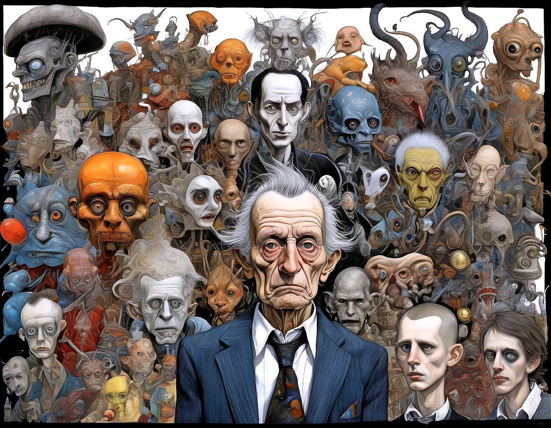 Surreal Gathering of Grotesque Characters in Darkness