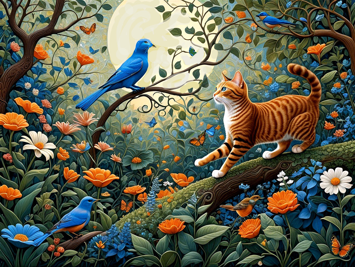 Whimsical Garden Scene with Cat, Birds, and Moonlight