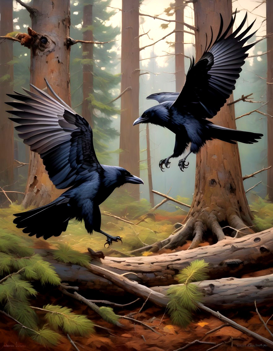 Ravens Soaring in a Serene Forest Landscape