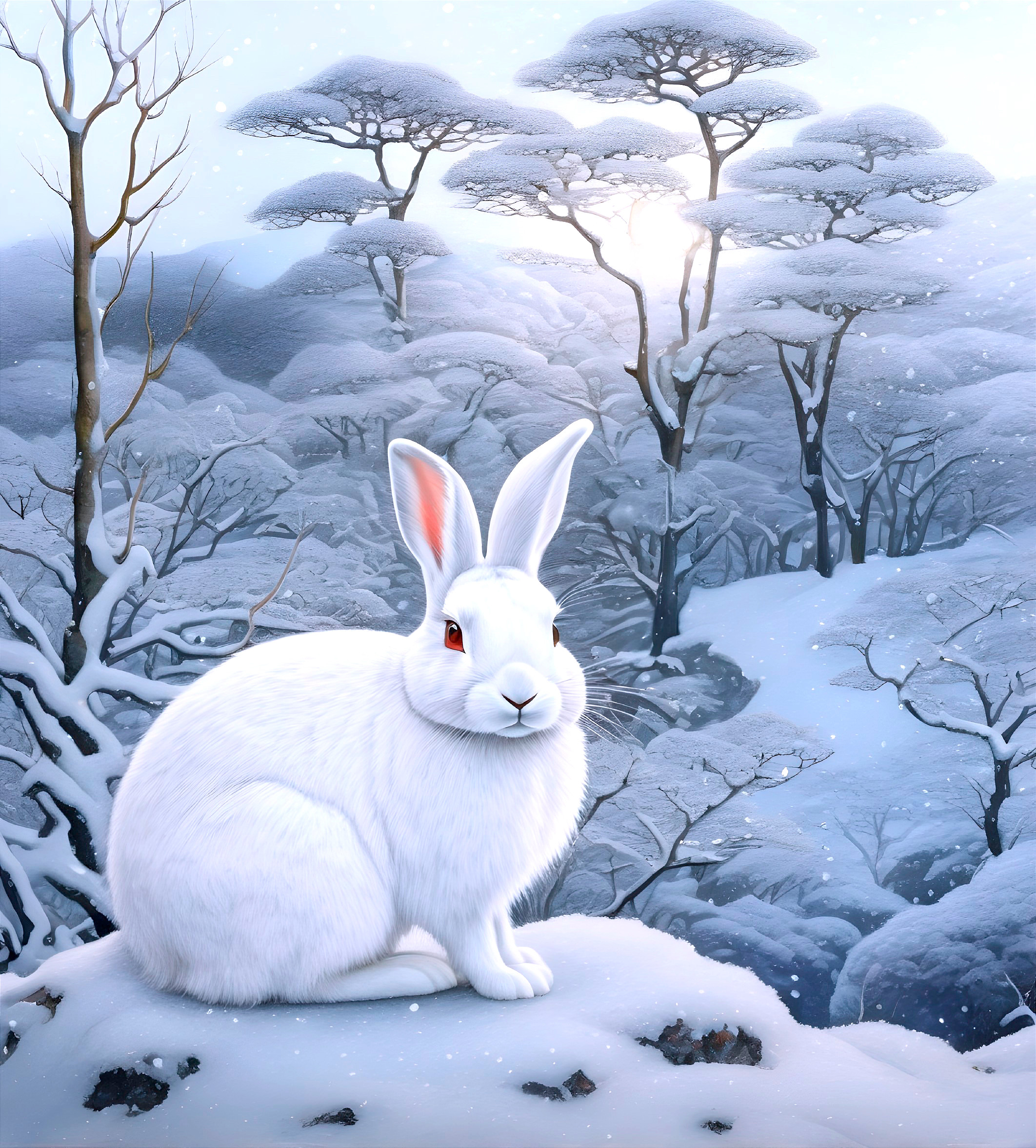 White Rabbit in Snowy Landscape with Bare Trees and Misty Light