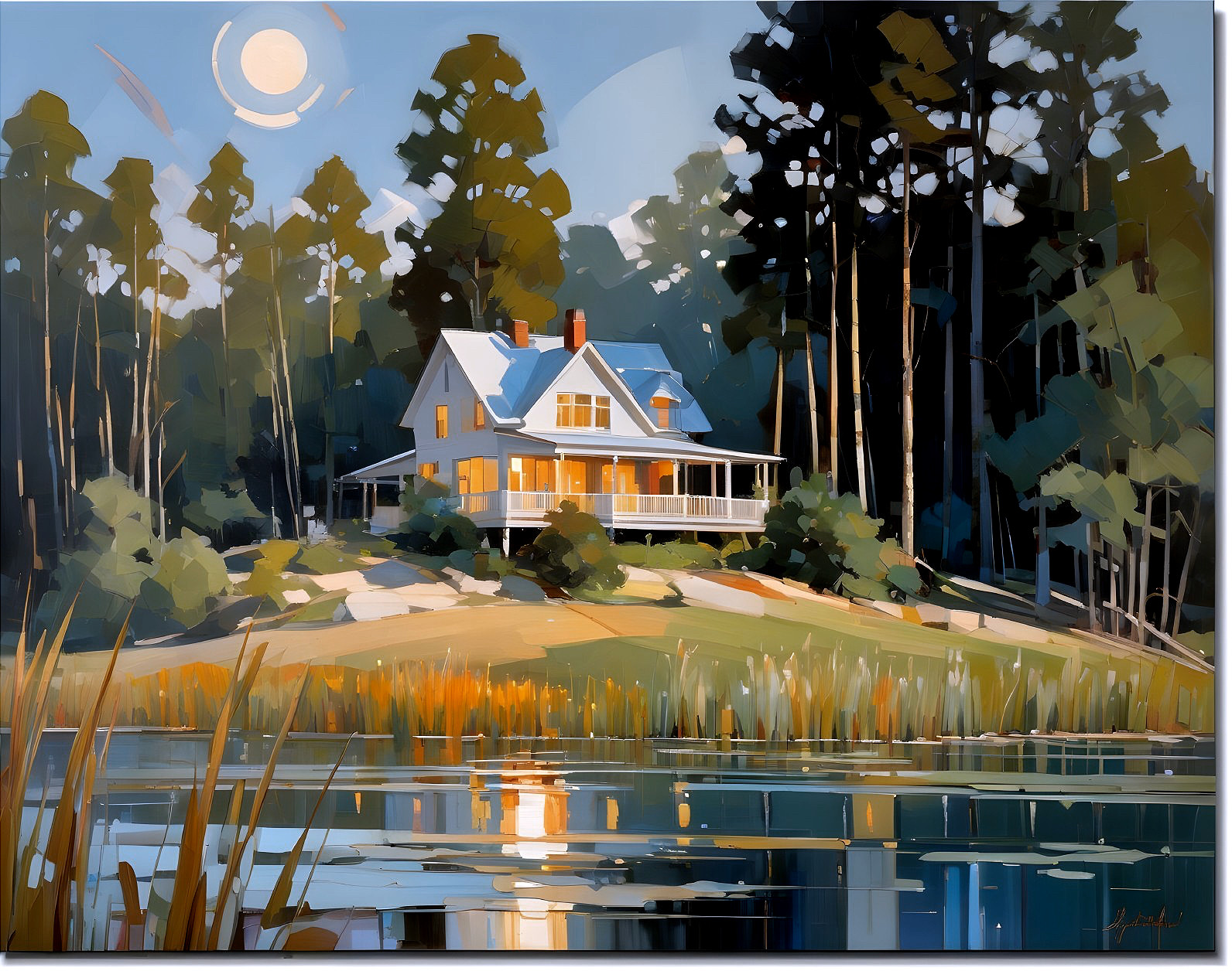 Cozy House on Hill by Tranquil Lake at Night