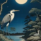 Heron by Riverbank Under Full Moonlight Scene