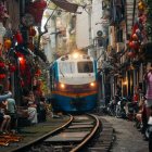 Vintage Train in Lively Urban Alley Scene