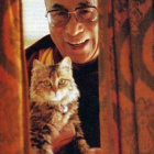 Monk with Tabby Cat in Serene Mountain Room