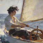Oil Painting of Young Man Steering Sailboat in Waves