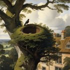 Majestic dragon atop tree with village below