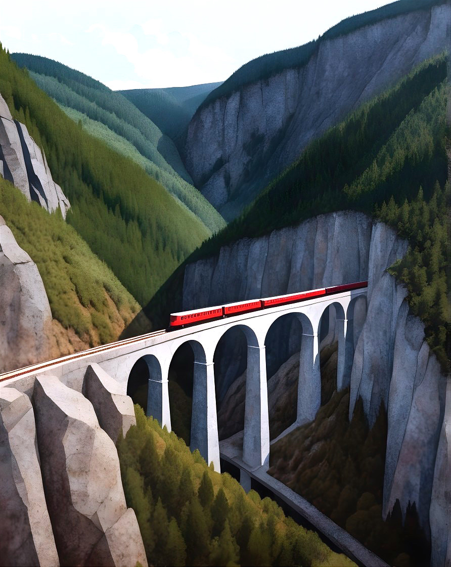 Red Train on White Viaduct Over Deep Valley Landscape