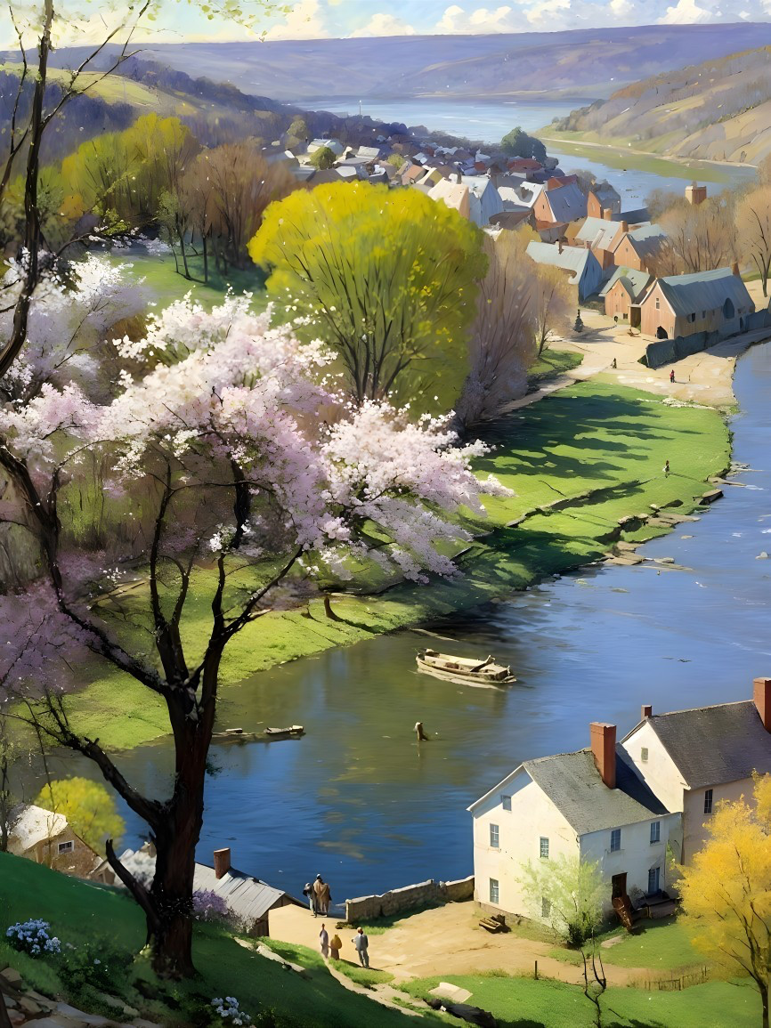 Serene Landscape with River and Cherry Blossoms