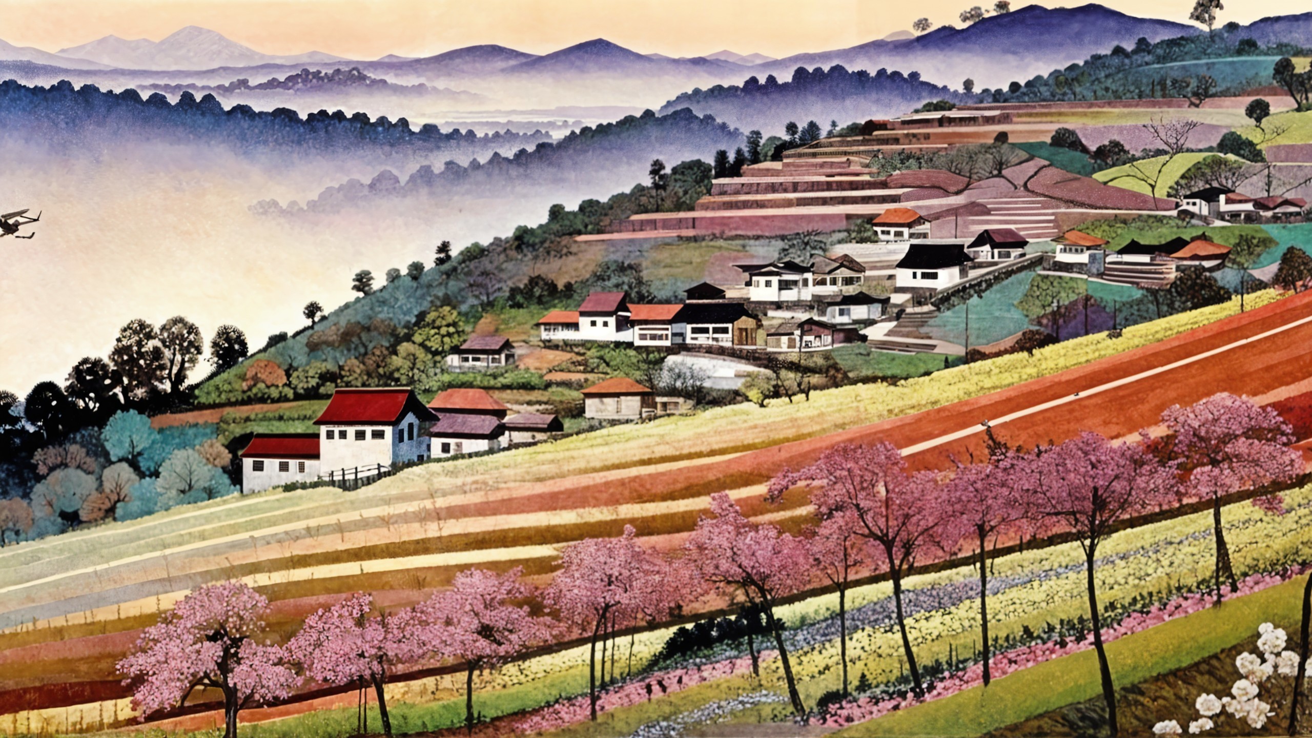 Serene Landscape of Rolling Hills and Cherry Blossoms