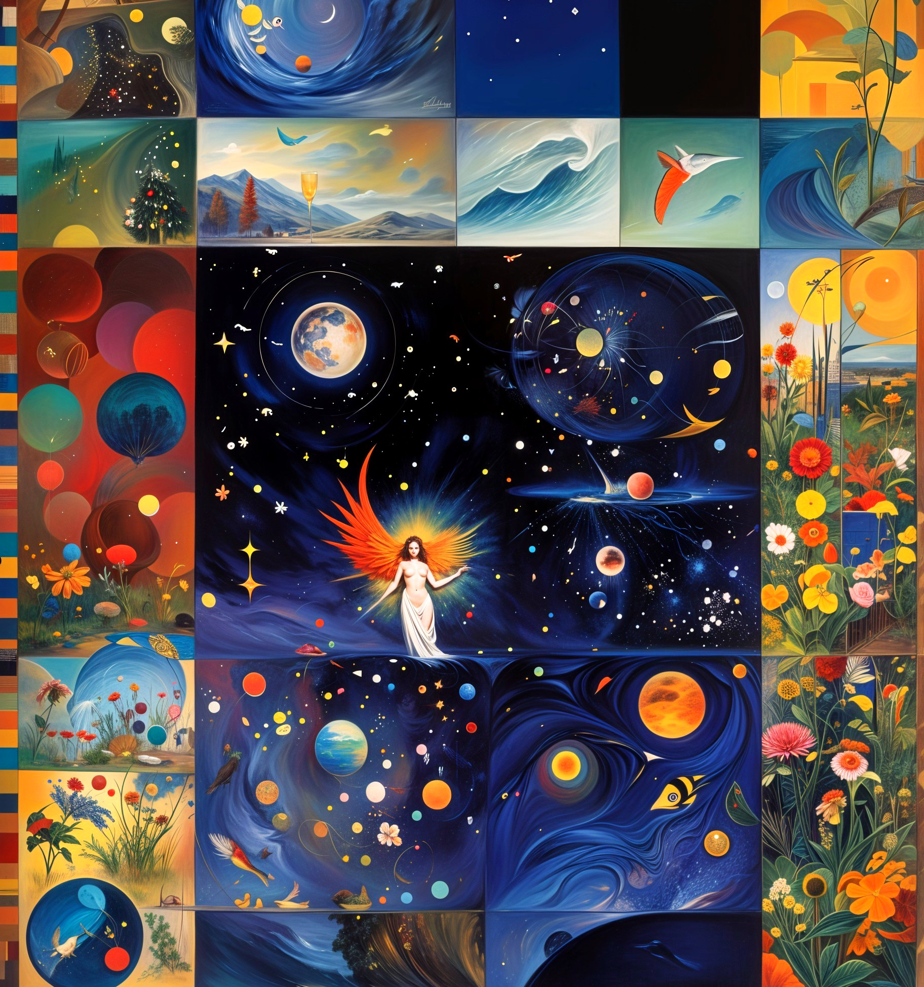 Vibrant Cosmic and Earthly Collage with Colorful Wings