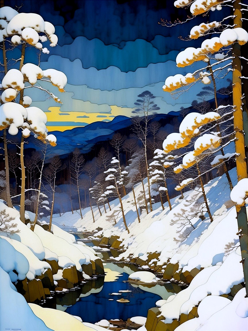 Serene winter landscape with snow-covered pines and river
