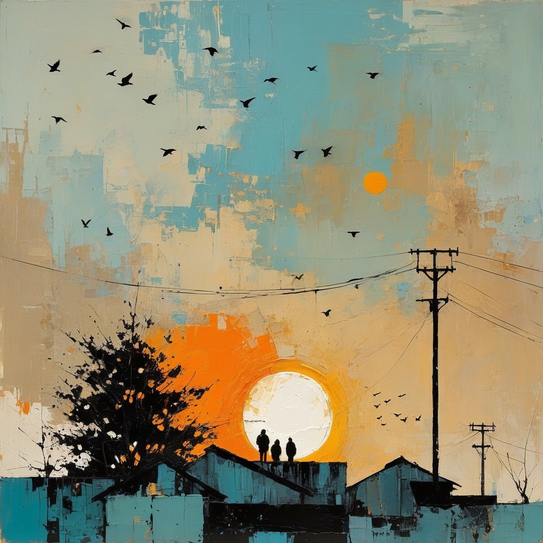 Vibrant Sunset Scene with Silhouetted Figures