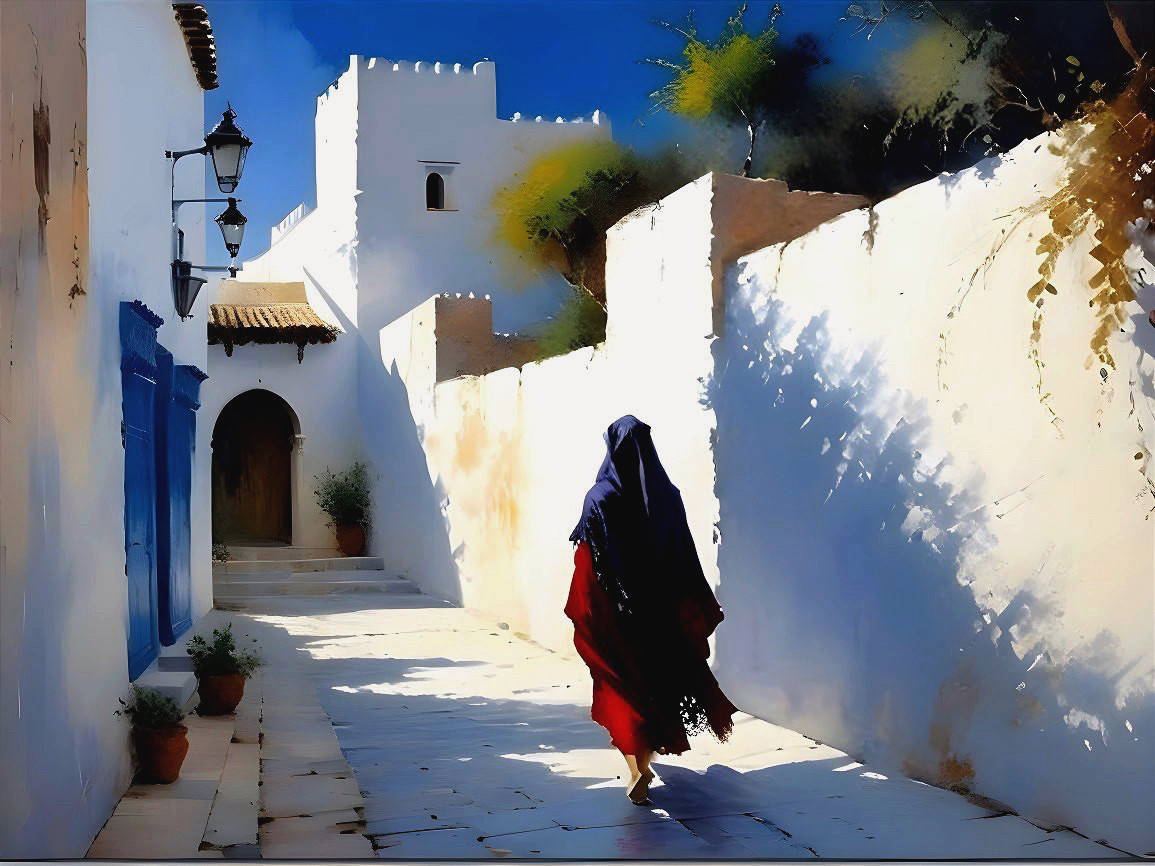 Woman in dark veil walks through serene sunlit alley