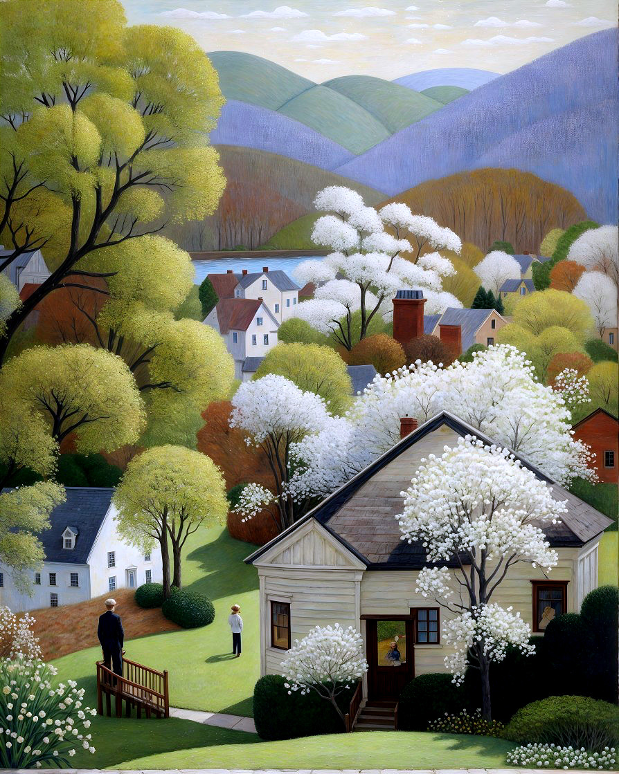 Serene Countryside Scene with Yellow House and Lake